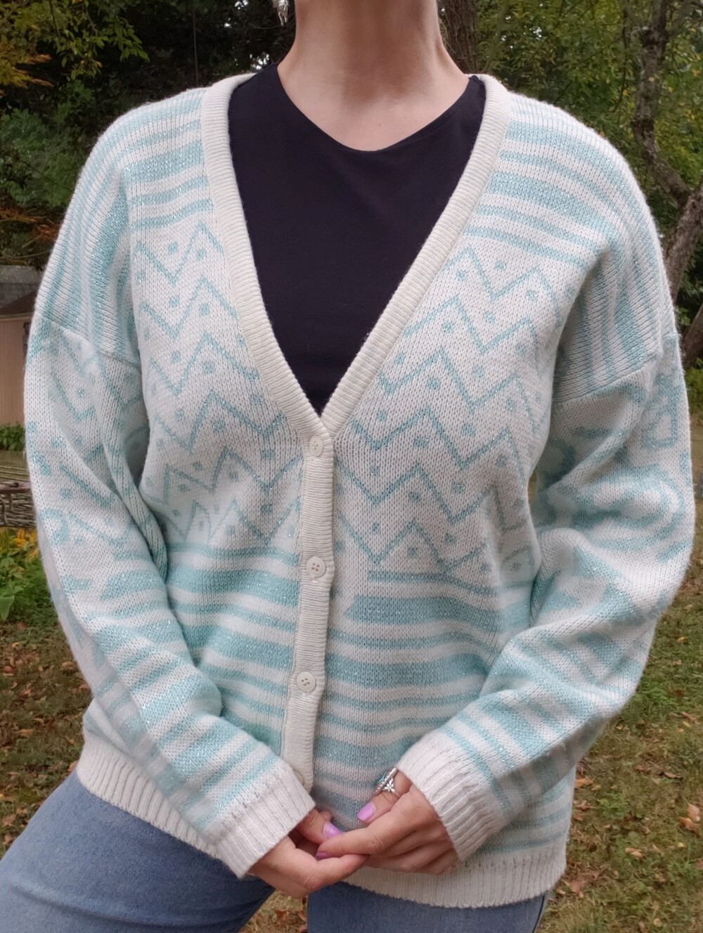 Cozy V-Neck Button Cardigan Sweater - Light Blue & Cream